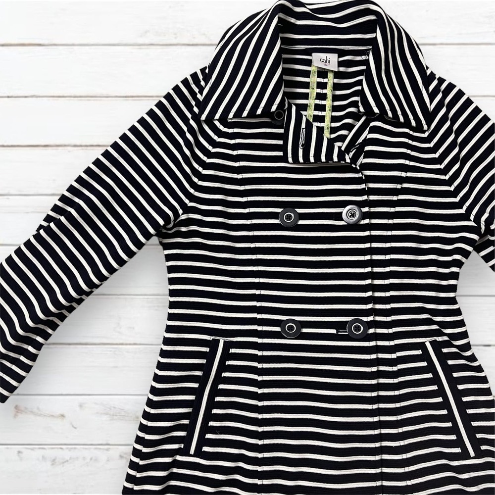 Cabi Women's Navy Blue/White Striped Maritime Trench Coat Size XS - Picture 2 of 8